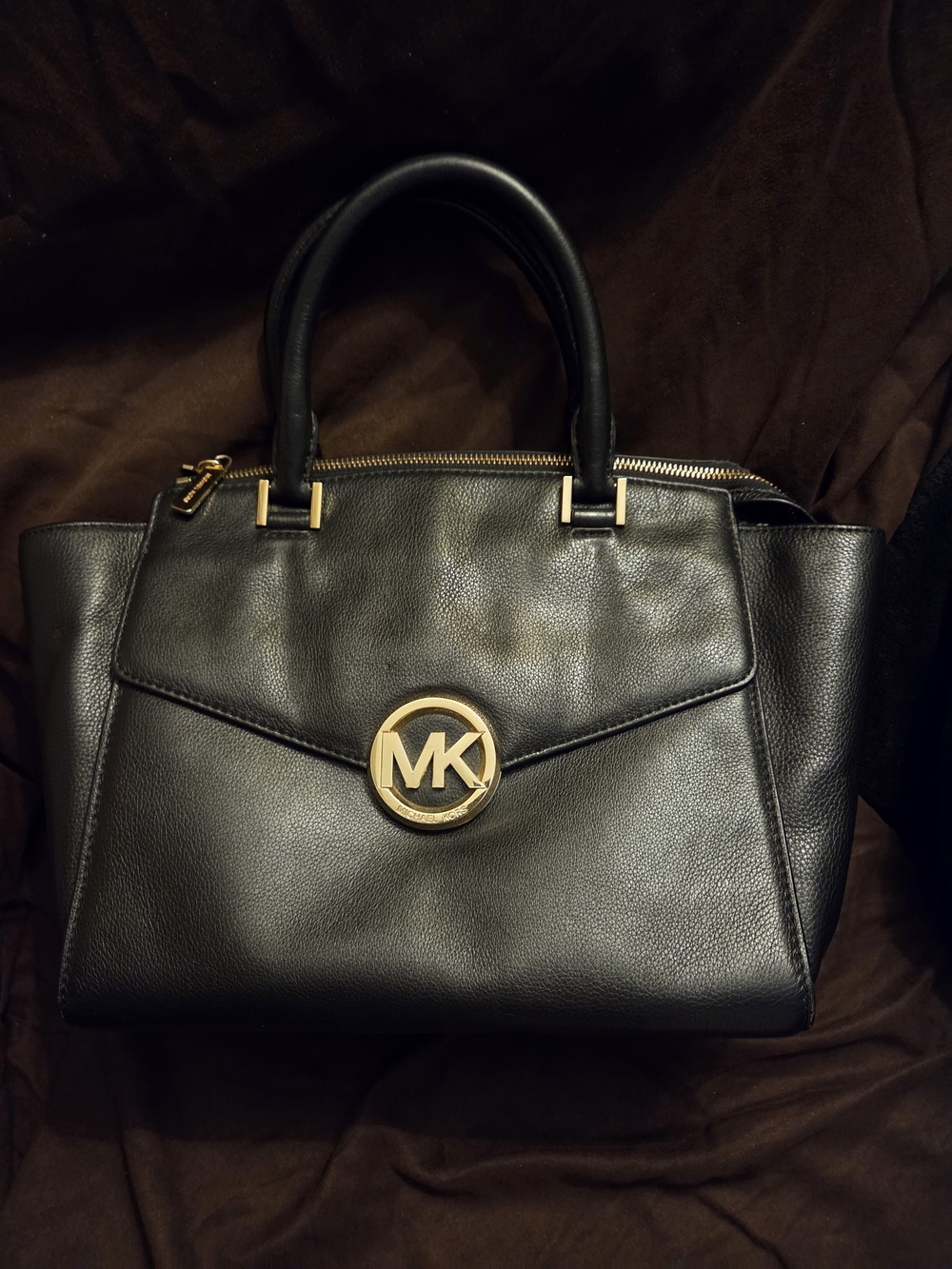 Michael Kors Black Leather Satchel with Gold Hardware